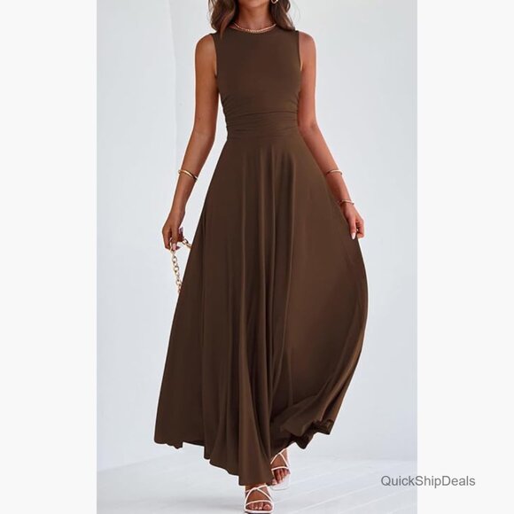 Sleeveless Crewneck A-Line Maxi Dress Stretch Tank Flowy Long Dress - Picture 5 of 7